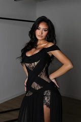 Charming Black Off-The-Shoulder Chiffon Lace Prom Dress A-Line High Split With Lace-Up Back