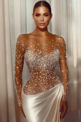 Dazzling Bateau Long Sleeves Satin Prom Dresses Beads Long With Ruffle Pleats