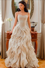 Luxury Sweetheart Spaghetti-Straps Sleeveless Organza Prom Dress A-Line With Lace-Up Back