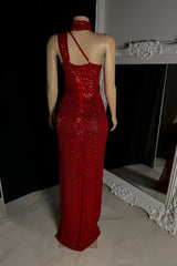 Elegant Burgundy One Shoulder Sleeveless Sequins Prom Dresses Mermaid Sheath With Zipper