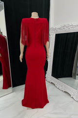 Timeless Red V-Neck Short Sleeves Satin Prom Dresses Mermaid Tassel With Zipper
