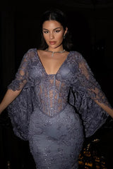 Romantic V-Neck Long Sleeves Lace Prom Dresses Mermaid Column With Lace-Up Back