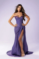 Chic Purple Sweetheart Strapless Sleeveless Chiffon Prom Dresses High Split With Beads