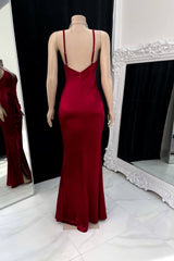 Classic Burgundy Spaghetti-Straps V-Neck Sleeveless Satin Prom Dresses Mermaid Backless With Ruffles Zipper