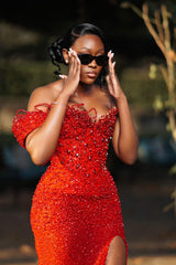 Dazzling Red Sweetheart One Shoulder Mermaid Prom Dresses High Split With Beads