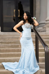 Elegant Sky Blue Strapless Sleeveless Mermaid Prom Dresses Sheath Gem With Lace-Up Back