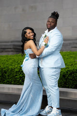 Elegant Sky Blue Strapless Sleeveless Mermaid Prom Dresses Sheath Gem With Lace-Up Back