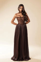Elegant Brown Strapless Sleeveless A-Line Prom Dresses Gem Long With Pleats