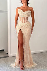 Romantic Sweetheart Strapless Sleeveless Mermaid Prom Dresses Column With High Split