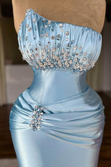 Beautiful Blue Strapless Sleeveless Satin Mermaid Prom Dresses Gem With Pleats