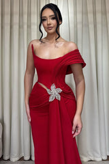 Charming Red One Shoulder Satin Mermaid Prom Dresses Sheath With Pleats Ruffles