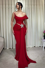 Charming Red One Shoulder Satin Mermaid Prom Dresses Sheath With Pleats Ruffles