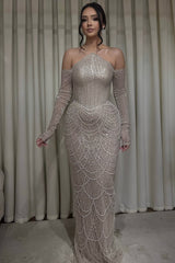 Dazzling Off-The-Shoulder Long Sleeves Mermaid Prom Dresses Beads With Pearls