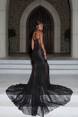 Dazzling Black V-Neck One Shoulder Long Sleeves Prom Dresses Gem Beads With Zipper Lace-Up Back