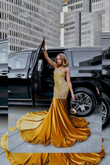 Charming Gold Sleeveless Velvet Mermaid Prom Dresses Column Gem With Pleats