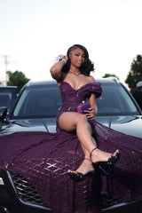 Romantic Grape V-Neck One Shoulder Mermaid Prom Dresses Gem With High Split