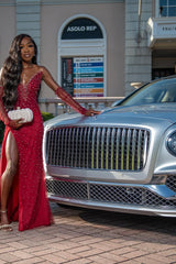 Vintage Red V-Neck Strapless Mermaid Prom Dresses Detachable Sleeves Pearls With Side Split