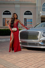 Vintage Red V-Neck Strapless Mermaid Prom Dresses Detachable Sleeves Pearls With Side Split