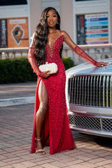 Vintage Red V-Neck Strapless Mermaid Prom Dresses Detachable Sleeves Pearls With Side Split