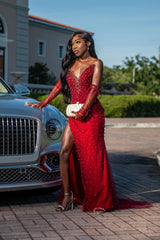 Vintage Red V-Neck Strapless Mermaid Prom Dresses Detachable Sleeves Pearls With Side Split