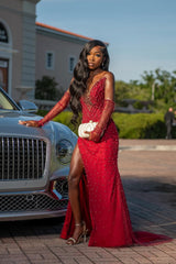 Vintage Red V-Neck Strapless Mermaid Prom Dresses Detachable Sleeves Pearls With Side Split