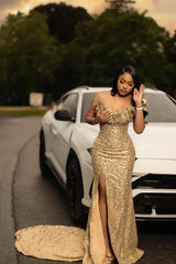Romantic Gold Strapless Sleeveless Sequins Prom Dresses Mermaid Gem With High Split