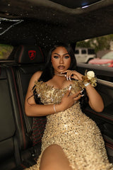 Romantic Gold Strapless Sleeveless Sequins Prom Dresses Mermaid Gem With High Split