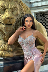 Elegant Pink V-Neck Spaghetti-Straps Sleeveless Satin Prom Dresses Mermaid Gem With High Split