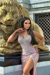 Elegant Pink V-Neck Spaghetti-Straps Sleeveless Satin Prom Dresses Mermaid Gem With High Split