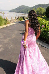 Dazzling Lilac Sweetheart Strapless Sleeveless Sequins Prom Dresses Mermaid Beads With High Split