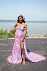 Dazzling Lilac Sweetheart Strapless Sleeveless Sequins Prom Dresses Mermaid Beads With High Split