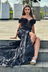 Vintage Black Off-The-Shoulder Mermaid Prom Dresses Sheath Long With High Split