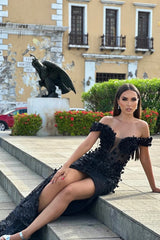 Vintage Black Off-The-Shoulder Mermaid Prom Dresses Sheath Long With High Split