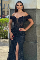 Vintage Black Off-The-Shoulder Mermaid Prom Dresses Sheath Long With High Split
