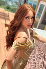 Charming Sweetheart Spaghetti-Straps Off-The-Shoulder Satin Prom Dresses High Split Gem With Lace-Up Back