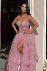 Chic Dusty Rose V-Neck Strapless Sleeveless Tulle Prom Dresses A-Line High Split With Gem