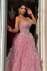 Chic Dusty Rose V-Neck Strapless Sleeveless Tulle Prom Dresses A-Line High Split With Gem