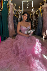 Chic Dusty Rose V-Neck Strapless Sleeveless Tulle Prom Dresses A-Line High Split With Gem