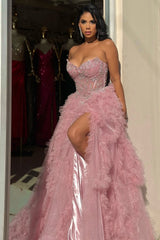 Chic Dusty Rose V-Neck Strapless Sleeveless Tulle Prom Dresses A-Line High Split With Gem