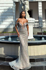 Dazzling V-Neck Off-The-Shoulder Mermaid Prom Dresses Column Long With Gem