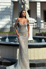 Dazzling V-Neck Off-The-Shoulder Mermaid Prom Dresses Column Long With Gem