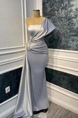 Elegant One Shoulder Satin Mermaid Prom Dresses Sheath Gem With Pleats Ruffles