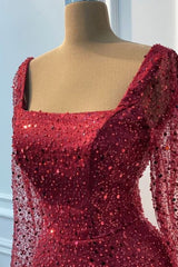 Vintage Burgundy Square Long Sleeves Sequins Prom Dresses Mermaid Sheath Online
