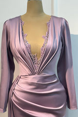Classic Lilac V-Neck Long Sleeves Satin Prom Dresses Mermaid Column With Beads