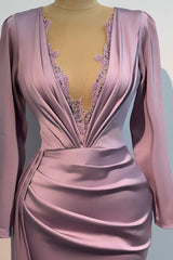 Classic Lilac V-Neck Long Sleeves Satin Prom Dresses Mermaid Column With Beads