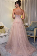 Pretty V-Neck Strapless Sleeveless Tulle Prom Dresses A-Line Beads With Lace-Up Back Flower