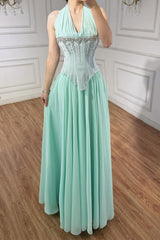Charming Mint Halter Sleeveless Chiffon Prom Dresses A-Line Gem With Pleats