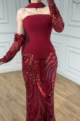 Vintage Burgundy Strapless Mermaid Prom Dresses Two-Pieces Beads With Detachable Sleeves