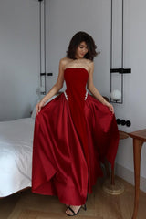 Glamorous Burgundy Spaghetti-Straps Sleeveless Satin Prom Dresses A-Line With Lace-Up Back