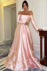 Timeless Pink Off-The-Shoulder Long Sleeves Satin Prom Dresses A-Line Lace-Up Back With Flower